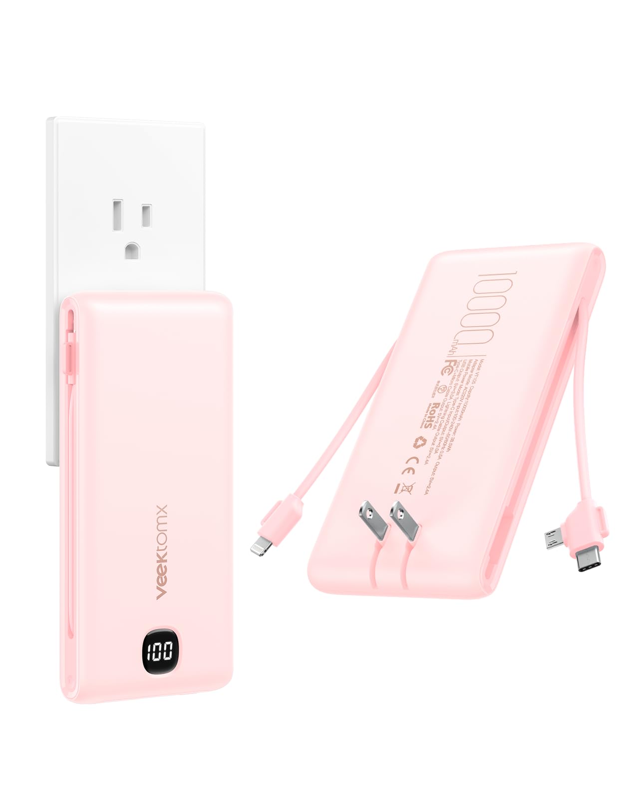 Portable Charger Power Bank Built in Cables and Wall Plug, 10000mAh iPhone Battery Pack Fast Charging, USB C External Slim Power Bank, Travel