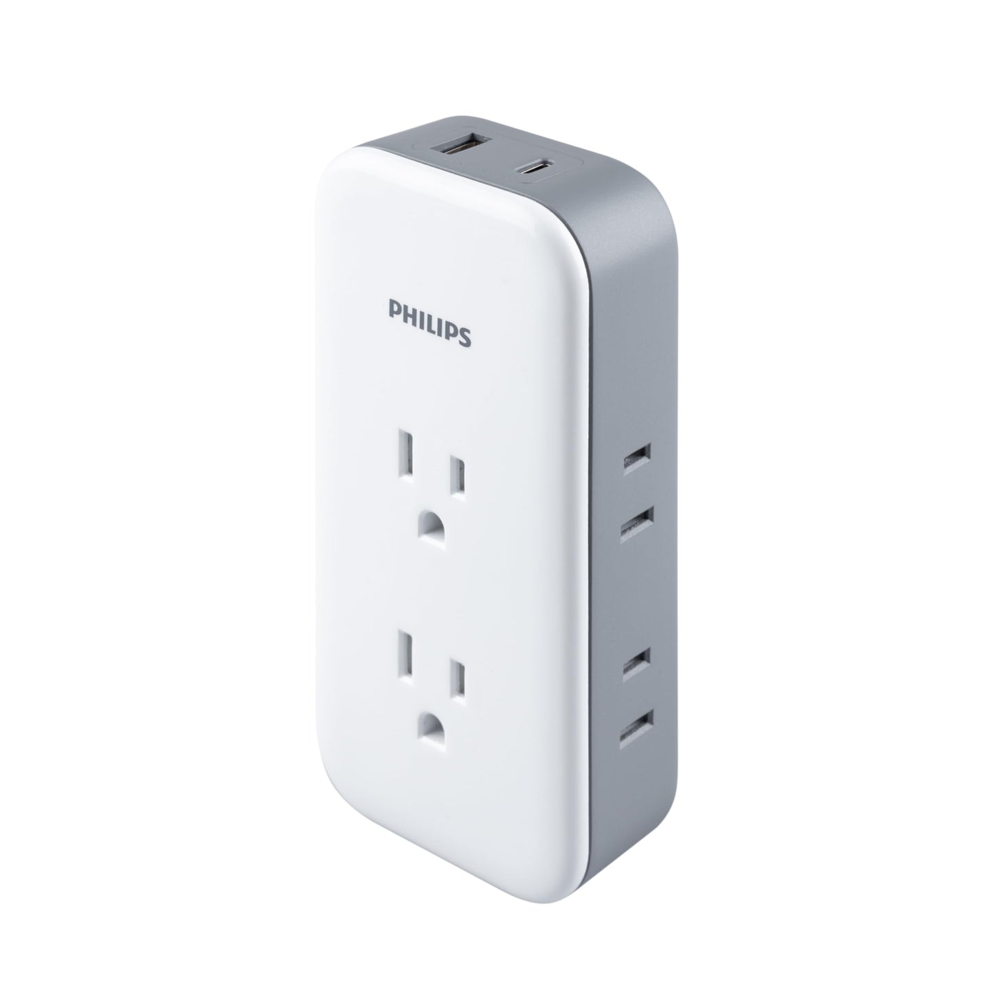 Philips All-in-One Surge Tap with USB, 2 Grounded & 4 Polarized Outlets, 1 USB-C & 1 USB-A Port (15W Shared), 490 Joules, ETL Certified, White/Gray