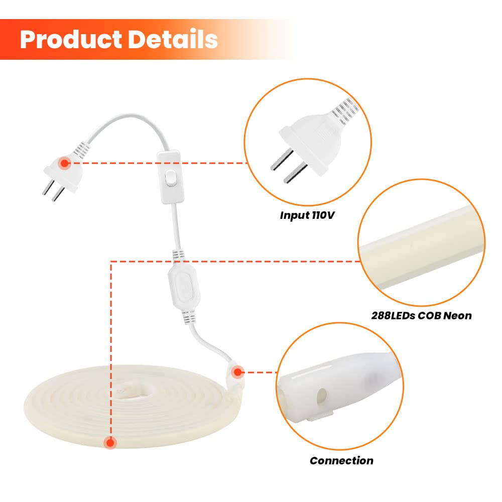 KISUFU COB LED Strip Lights, Neon 110V 288 LED LightsClippable, COB Flexible Neon Strips Plug Strap Switch,High Brightness LED Tape Light