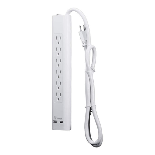 Uninex PS105SWT Slim 6-Outlet Surge Protector Power Strip with 2 USB Charging Ports (5V, 2.4A), 14/3 AWG, ETL Listed, White, 4-Foot