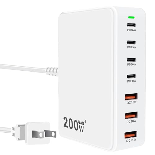 USB C Charger Station 200W 7 Port GaN Fast Charging Block, Multiport PD QC3.0 Brick Hub Compatible with Laptop MacBook Pro/Air, iPad, iPhone 17/16/15