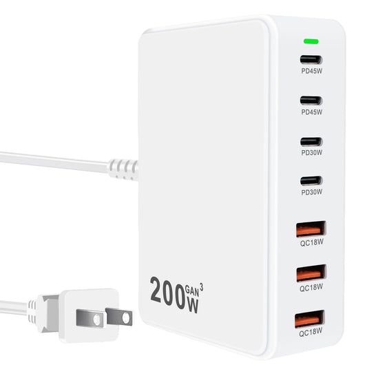USB C Charger Station 200W 7 Port GaN Fast Charging Block, Multiport PD QC3.0 Brick Hub Compatible with Laptop MacBook Pro/Air, iPad, iPhone 17/16/15