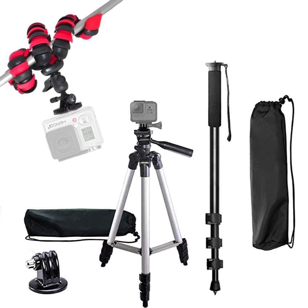 50" Inch Camera Tripod, 72" Inch Monopod with Quick Release, 12" Inch Flexible Tripod with Wrapable Disc Legs, Tripod Mount for All GoPro HERO Cameras