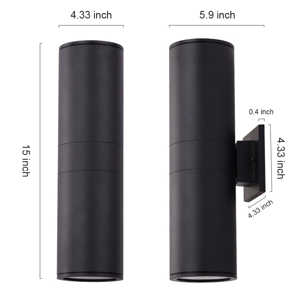 Cerdeco 15" Black Modern Outdoor Wall Light 2 Pack,Cylinder Up Down Aluminum Exterior Wall Sconce for House Porch Garage Patio Doorway Entryway,ETL