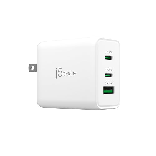 j5create 65W GaN USB-C 3 Port Charger, Compact and Foldable Wall Charger for MacBook Air, iPad Pro, iPhone 15/ Pro/Max, Galaxy S24/ S23, Dell XPS 13
