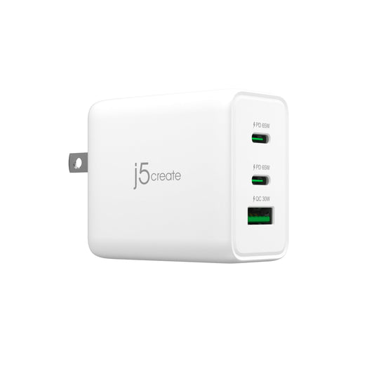 j5create 65W GaN USB-C 3 Port Charger, Compact and Foldable Wall Charger for MacBook Air, iPad Pro, iPhone 15/ Pro/Max, Galaxy S24/ S23, Dell XPS 13