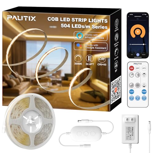 PAUTIX White LED Strip Lights 3000K,Dimmable cob led 32.8ft/10m DC24V Warm White LED Strip Lights,High Lumen Tape Lights Kit,Work with Alexa/Google