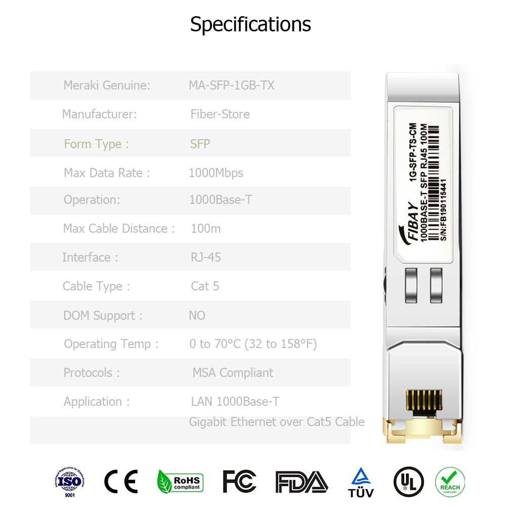 OPSTRAN 1000BASE-T SFP RJ45 Copper Transceiver Module Compatible with Cisco Meraki MA-SFP-1GB-TX 100m Cat5e/6