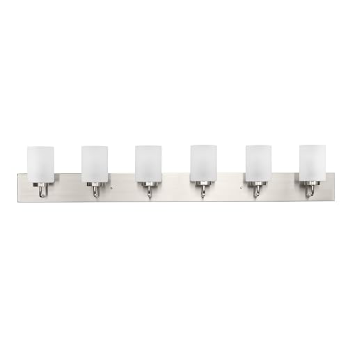 Progress Lighting Merry Collection Six-Light Bathroom Light Fixture, Brushed Nickel and Etched Glass Transitional Style Bath Vanity Wall Light, 48" L