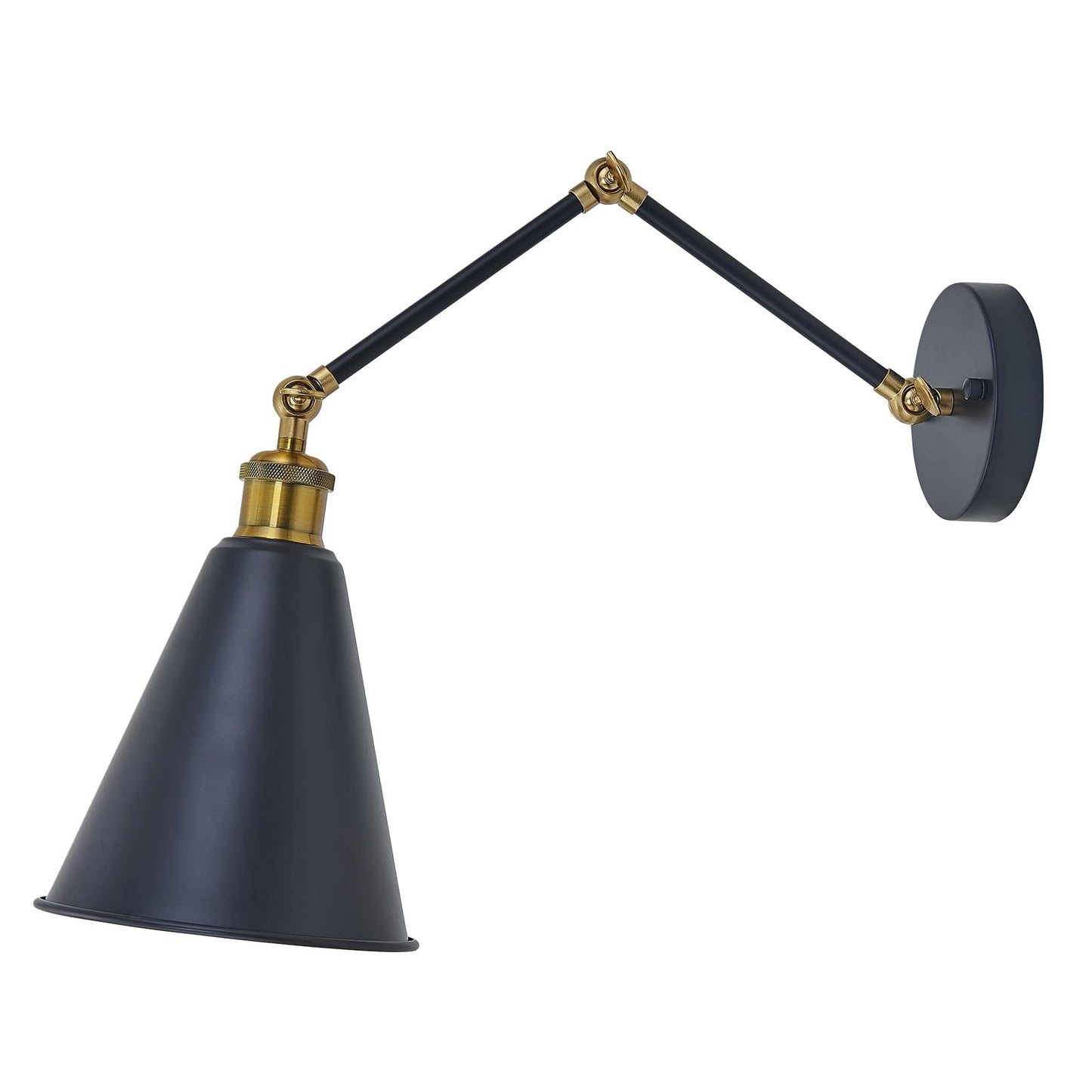 Lifora Hay Swing Arm Wall Sconce Black Gold, 7" Farmhouse Wall Light with Metal Cone Shade, Adjustable Dual-Joint Arm, Industrial Wall Lamp