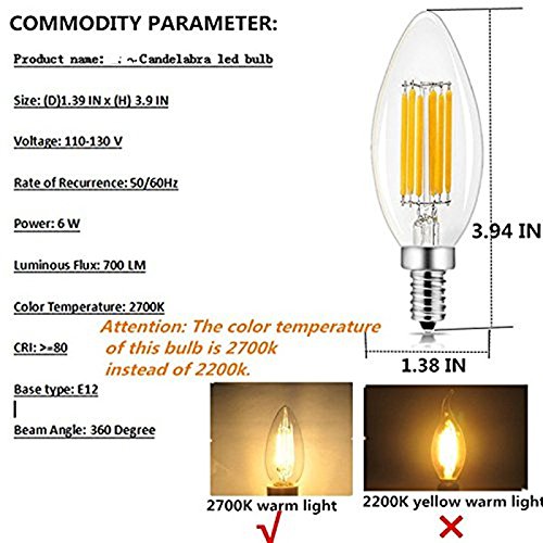 CTKcom 4-Pack 6W Candelabra LED Bulbs,E14 Dimmable COB LED Filament Candle Light Bulb,2700K Warm White 600LM,60W Incandescent Equivalent,Antique Light