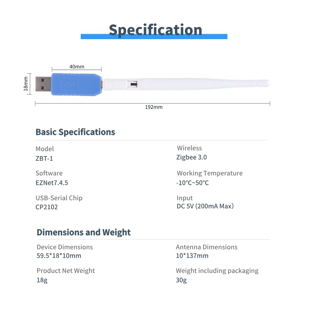 Smaller Size Zigbee 3.0 USB Dongle Gateway, Work with Home Assistant Zigbee2MQTT, EFR32MG21 Universal USB Gateway with Antenna, Wireless Zigbee
