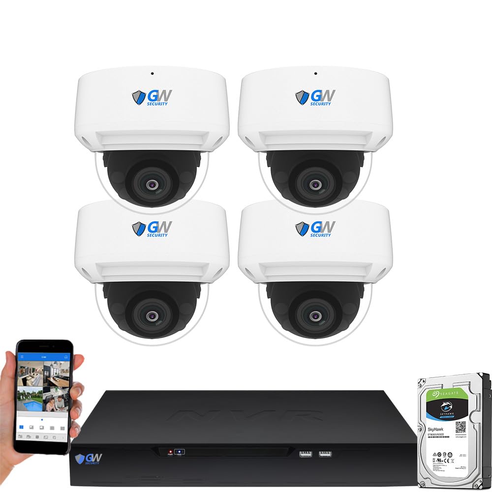 GW Security 8 Channel NVR 4K 8MP PoE 2.8-12mm Varifocal Zoom Security Camera System with 4 x 4K 8MP IP Microphone Waterproof Smart AI Dome Camera