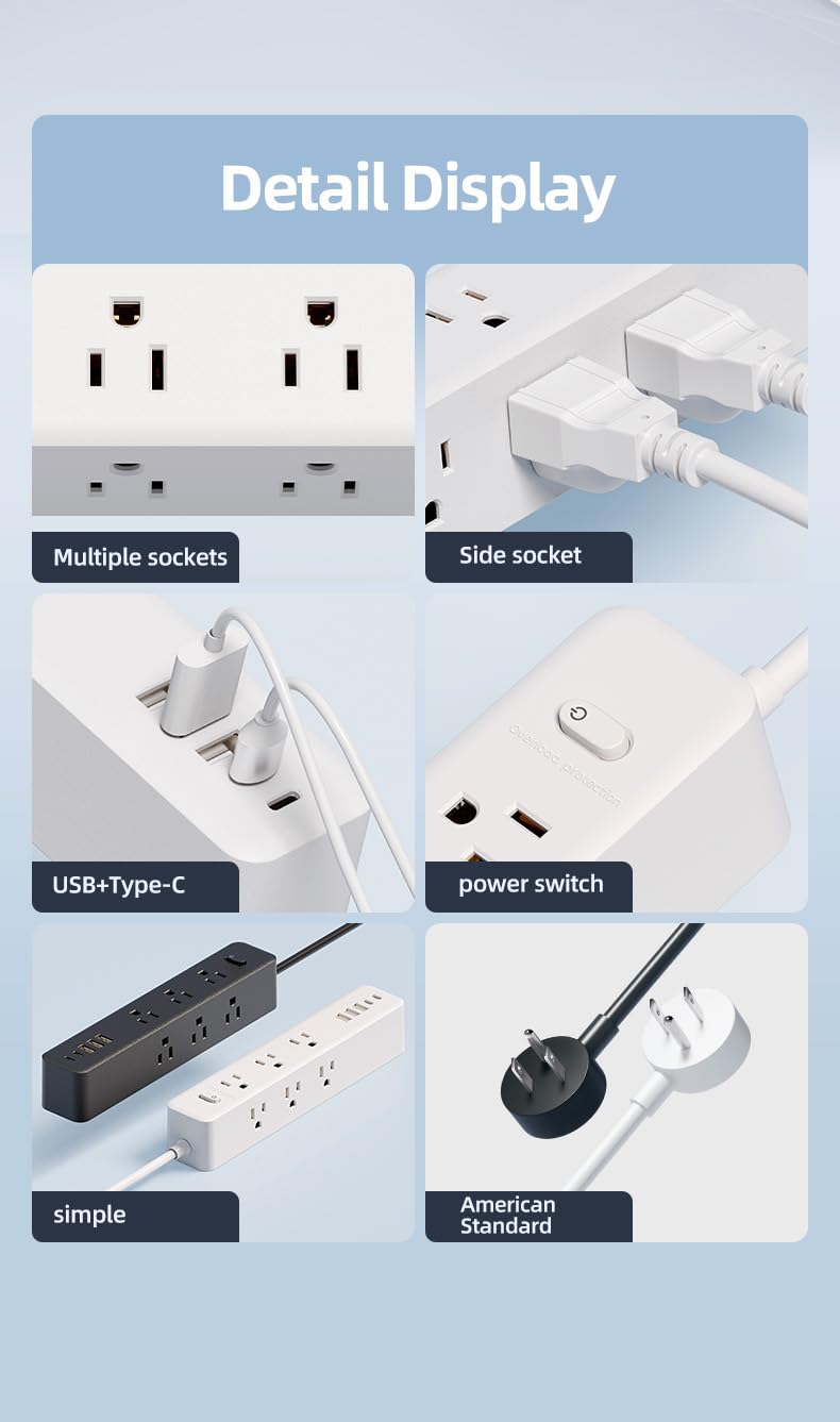 5 FT Power Strip Outlet Extender Surge Protector 3 Sided with Extension Cord 9 AC Outlet 5 USB Ports (2 USB C) Desk Charging Station for Home College