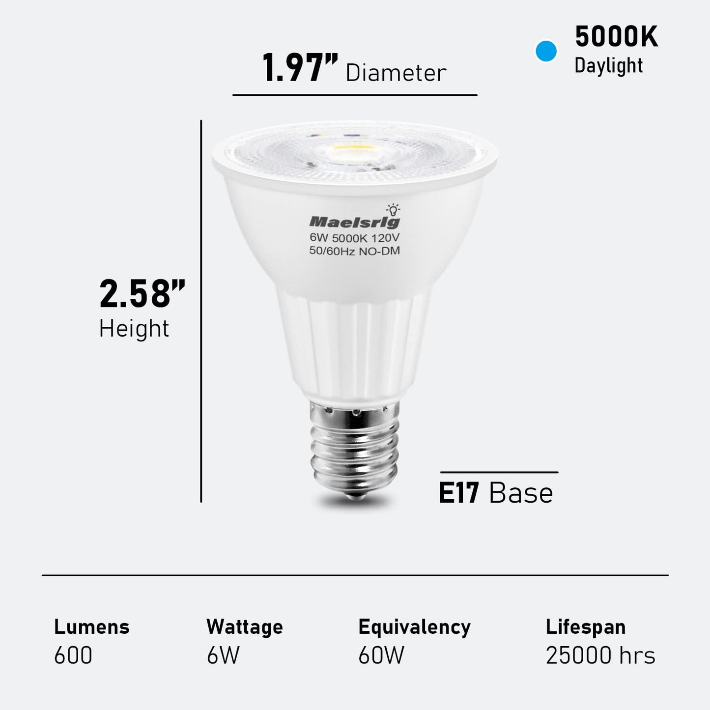 Maelsrlg E17 LED Bulb 6W(60 Watt Equivalent), Intermediate Base Spotlight Bulb, Daylight White 5000K, 600 Lumen, E17 Reflector R14 Bulb for Curio