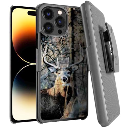 Designed for iPhone 14 Pro Case with Belt Clip Holster - Kickstand Cover Phone Case - Camo Deer (Dots)