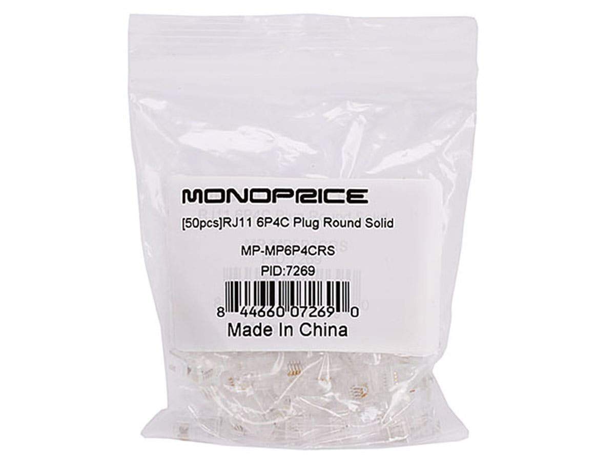 Monoprice 107269 RJ11 6P4C Plug Round Solid, 2-Packs of 50
