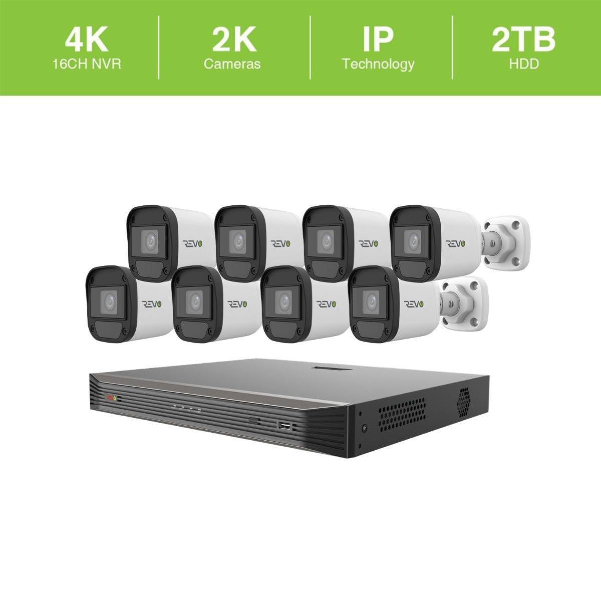REVO America Ultra 16 Ch. 2TB HDD IP NVR Video Surveillance System, 8 x 4MP IP Bullet Cameras - Remote Access via Smart Phone, Tablet, PC & MAC, Black