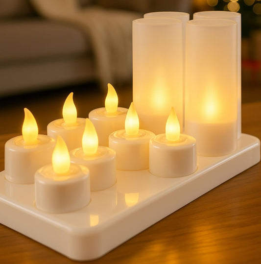 YASENN 12 Pack Rechargeable LED Tealight Candles, Flickering Flameless Tea Lights with Timer, Battery Operated Warm White Color Changing Candles