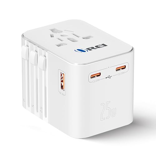 OREI 25W Universal Travel Adapter | 2X USB-C & 1x USB-A | 4-in-1 Charger for 150+ Countries