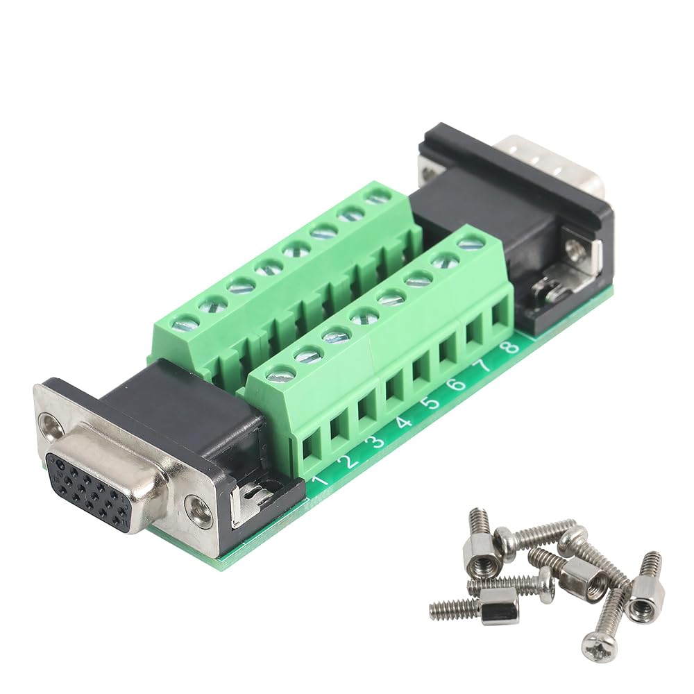Jienk 1Pcs VGA HDB15 3 Row Male to Female Breakout Board, RS232 D-SUB Serial to 15pin Port Terminal Gender Changer Connector