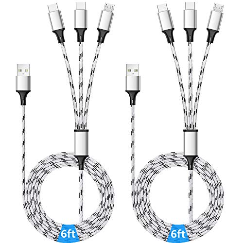 Multi Charger Cable, 6ft 2Pack Braided Multiple USB Cable Universal 3 in 1 Charging Cord with Dual Type C, Micro USB Port Connectors for Cell Phones