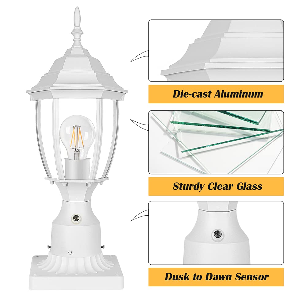 PARTPHONER Dusk to Dawn White Outdoor Post Light with Pier Mount Base, Waterproof Pole Lantern Light Fixture, Exterior Lamp Post Lantern Head