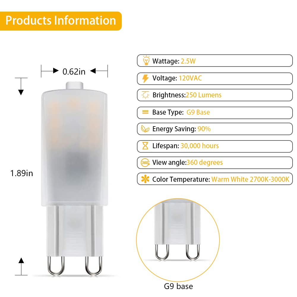 Cheopha G9 LED Light Bulbs 2.5W 25W Halogen Lamp Equivalent 2700K 3000K Soft Warm White G9 Bi Pin Base for Chandelier Pendant Table Lamp Sconces