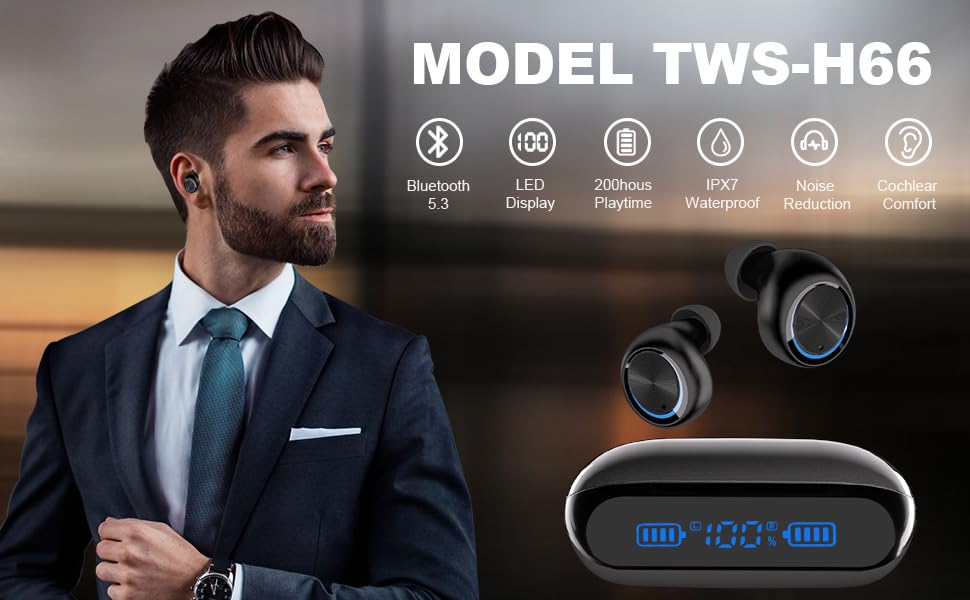 Bluetooth Earbuds Wireless 200Hrs Playback, IPX7 Waterproof, Noise Canceling LED Power Display Earphones with Charging Case, in-Ear, Headphones…