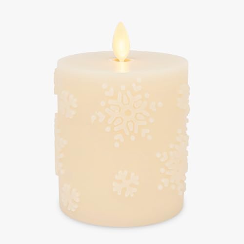 Luminara White Swan Snowflake Embossed Flameless LED Candle, 3.2" x 4.5", Moving Flame, Safe Timer Feature, Real Wax, Battery Operated Home Décor