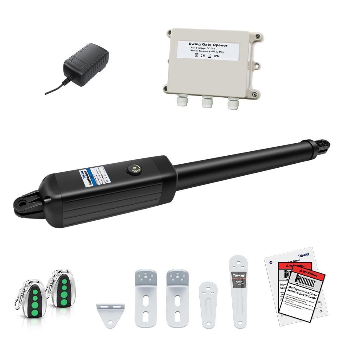 TOPENS A8 Automatic Gate Opener for Heavy Duty Single Swing Gates Up to 18ft, Single Swing Gate Operator Battery Powered with Remote Control Kit Gate