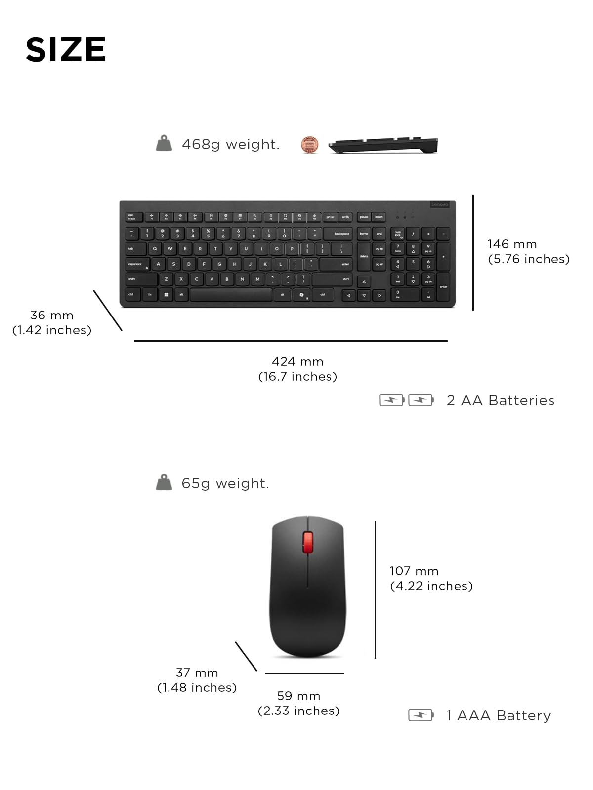 Lenovo Essential Wireless Combo Keyboard & Mouse Gen 2 US English, 2.4 GHz Wireless USB Connection, AES-128 Encryption for the Keyboard, Full-Size
