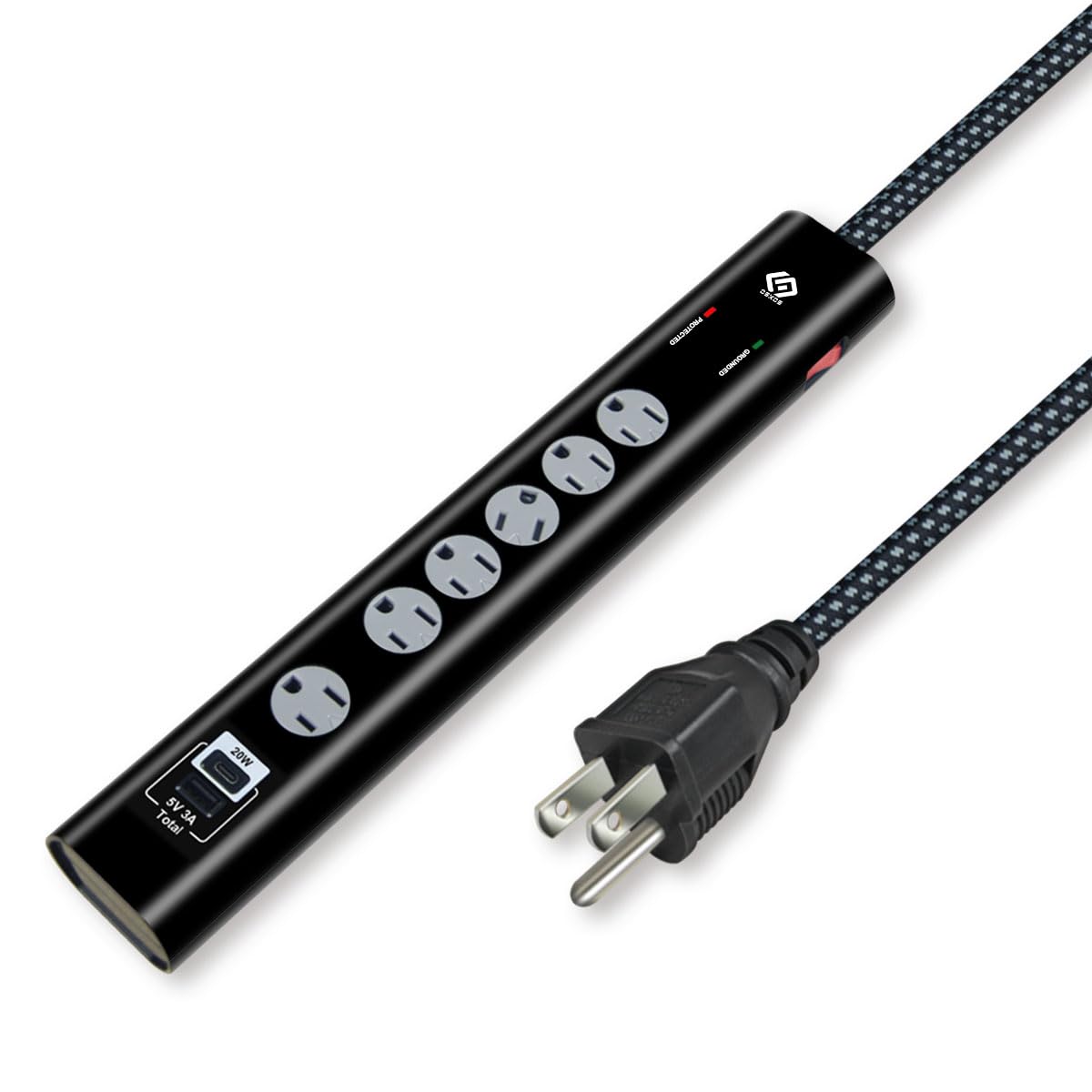 OSKOS PD20W USB-C Charger, Two USB Ports (1A1C), 6 outlets Power Strip with 6FT 14/3 Braided Cord, 1080 Joules Surge Protected, 15A Built-in Circuit