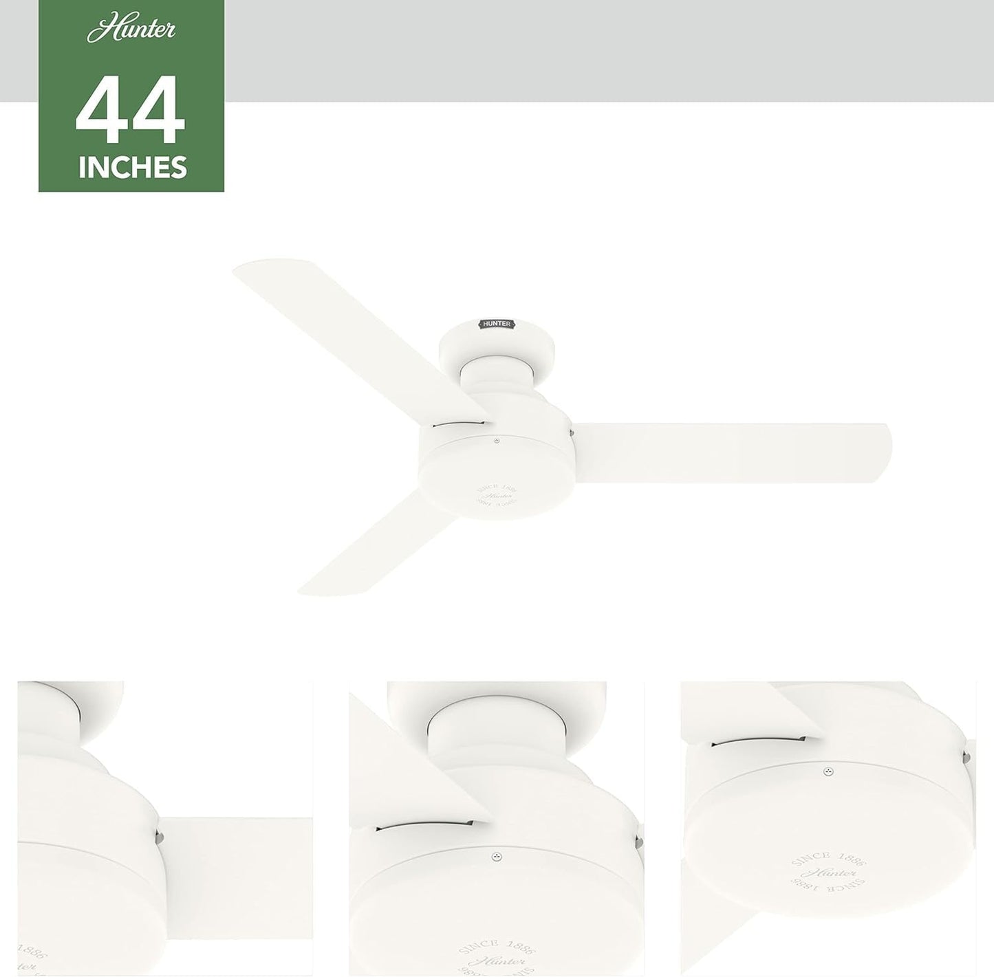 Hunter Fan 44 inch Indoor Ceiling Fan with No Light, Low Profile Flush Mount White Ceiling Fan, 3 Blades, For Kids Room, Home Office, Living Room or