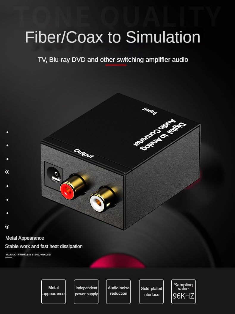 Digital to Analog Audio Converter, Optical/Coaxial/Spdif to RCA, 96KHz Sampling Rate, Gold-Plated Interface It is Suitable for converting Audio from