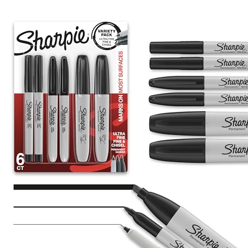 Sharpie Permanent Markers Variety Pack, Includes Chisel, Fine, and Ultra-Fine Tips, Black, 6 Count - Poster, Office, School Supplies