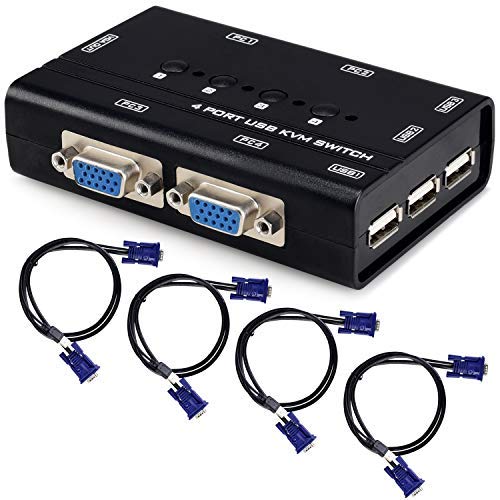 USB VGA KVM Switch with 4 Cables, 4 Port Selector Switcher for 4PC Sharing One Video Monitor and 3 USB Devices, Keyboard, Mouse, Scanner, Printer