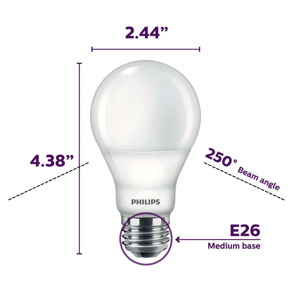 Philips LED 4 Pack A19 Soft White Dimmable Warm Glow LED, 2200-2700 Kelvin, 800 Lumen, 8.8W=60W, E27 Base