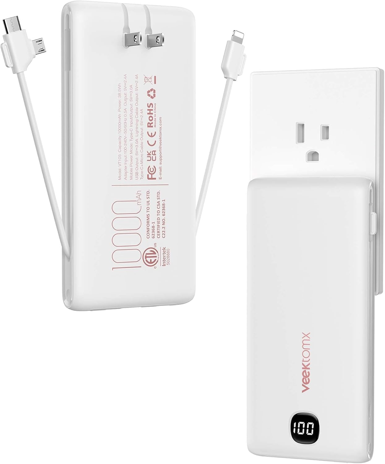 VEEKTOMX Portable Charger with Built in Cables 10000mAh, Power Bank for iPhone with Wall Plug, Travel Essential Fast Charging Slim USB C External