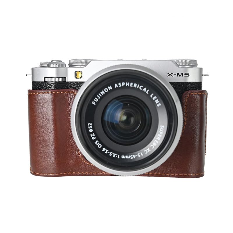 BMAOLLONGB X-M5 Case, Handmade Genuine Real Leather Half Camera Case Bag Cover for Fujifilm X-M5 Bottom Opening Version + Neck Strap (Coffee)