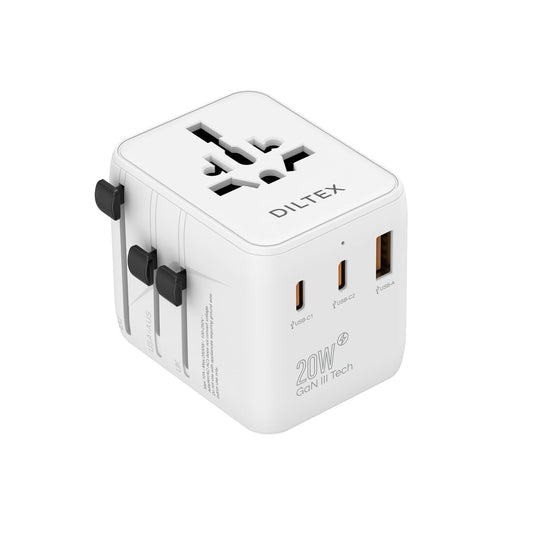 DILTEX 20W GaN III Fast Charging Travel Adapter - Dual USB-C & USB-A Ports with 2 AC Outlets & Dual 10A Overload Fuses - Universal Wall Charger