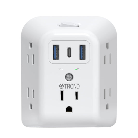 TROND 2 Prong to 3 Prong Outlet Adapter, 1440J Surge Protector Power Strip 2 Prong, Featured 5 AC Outlets and 3 USB Ports, Wall Plug Extender