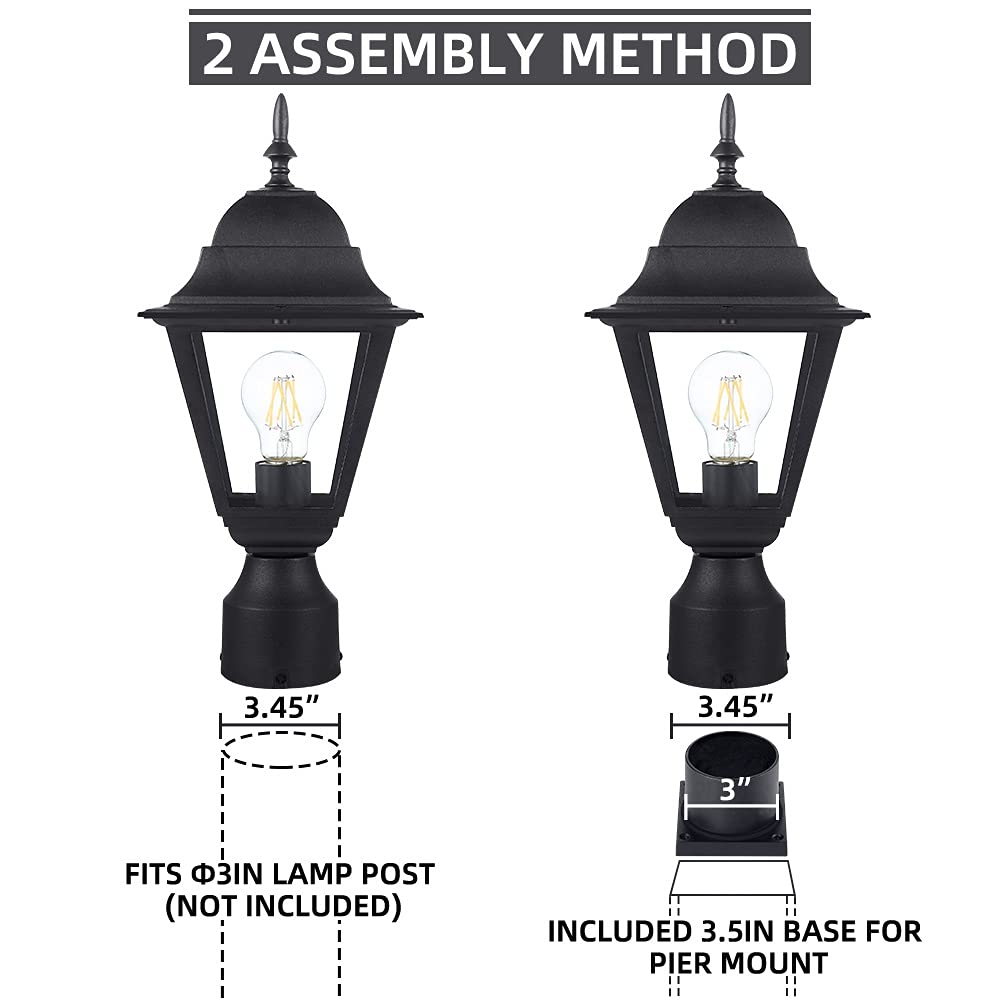 Windben Outdoor Post Light,Waterproof Cast Aluminium Lamp Post Light Fixture,Post Lantern with Pier Mount Base,Matte Black,16.5in,Suitable