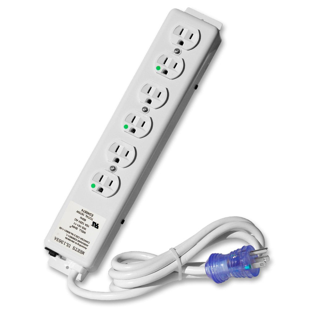 6 Outlet Hospital Grade Power Strip - 15ft Cord - Medical Use UL 1363A Compliant-Tamper Resistant Outlets