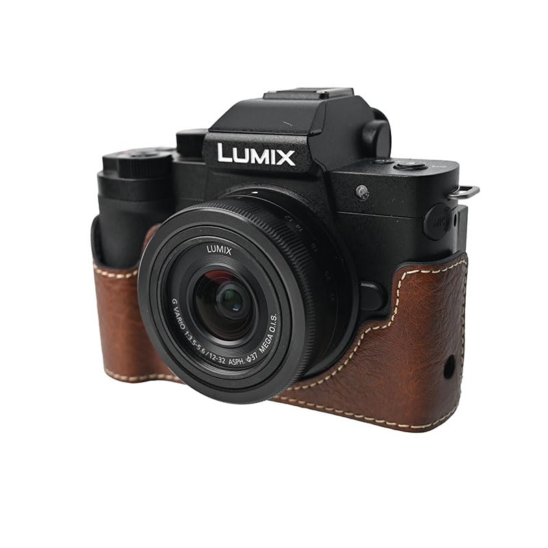 G100K Case, BMAOLLONGB Handmade PU Leather Half Camera Case Bag Cover Bottom Opening Version for Panasonic Lumix G100K with Neck Strap (Coffee)