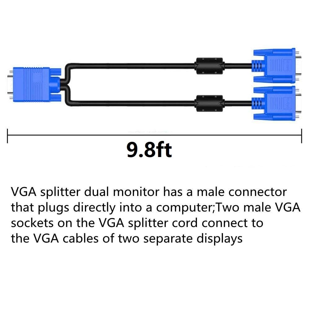 IT OSAYDE 9.8ft VGA SVGA HD Cable Male-to-Male Video Cable One-to-Two Split Screen Supports 1080P Full HD, Suitable for Projectors, HDTVs, Monitors