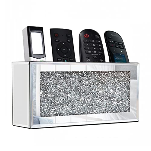 GOTHICO Mirrored Remote Holder, Wall Mounted Crush Diamond Bling Decoration Organizer Storage Box for Remote Phone Pad Wallet Notebook (8.3"×2.5"×4"