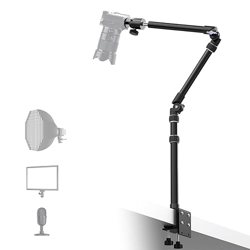 ?All Metal?RAUBAY Desktop Magic Arm, Overhead Camera Desk Mount, Table Light Stand with 1/4“ Ball Head, 3/8" & 5/8" Adapter, C Clamp, Retractable Boom