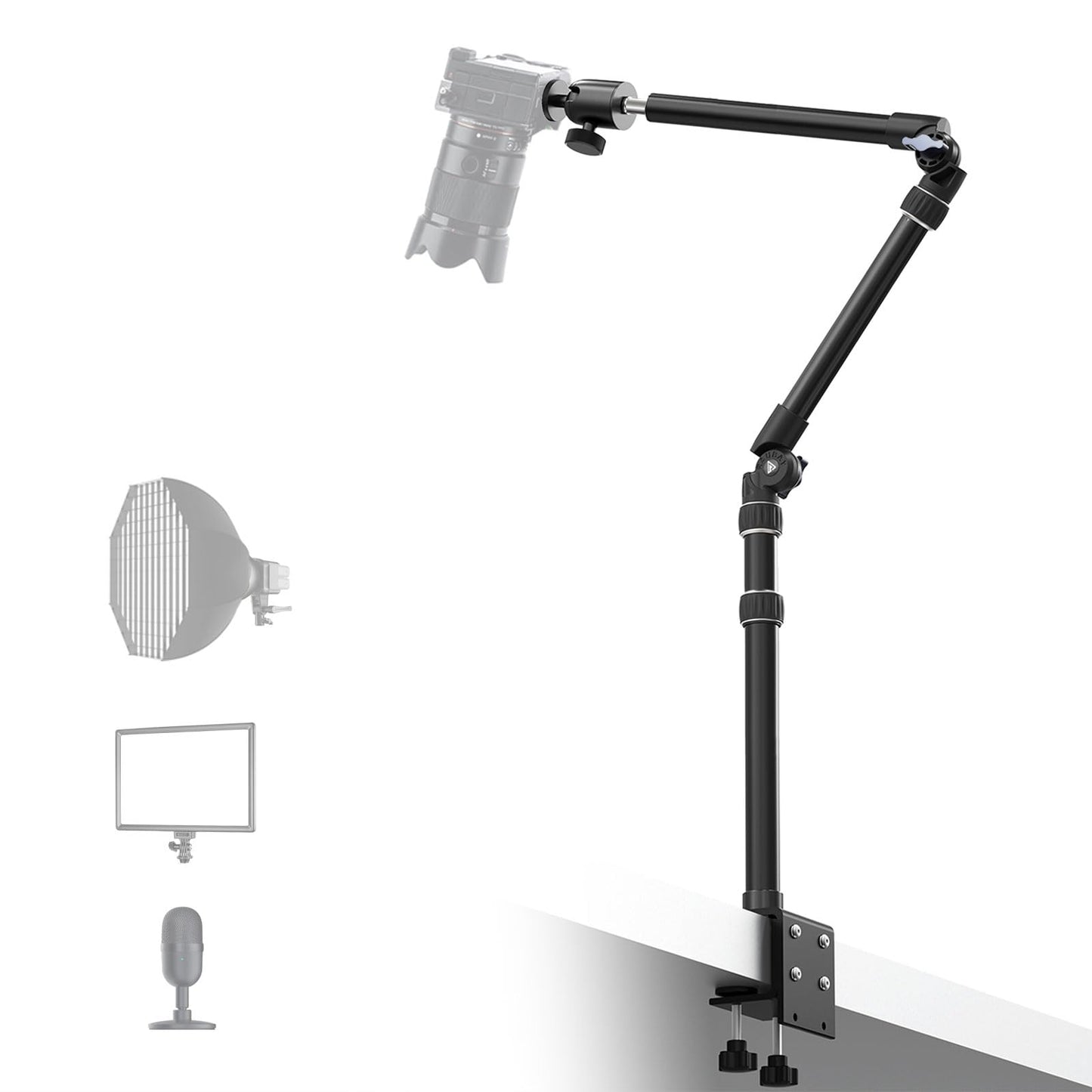 ?All Metal?RAUBAY Desktop Magic Arm, Overhead Camera Desk Mount, Table Light Stand with 1/4“ Ball Head, 3/8" & 5/8" Adapter, C Clamp, Retractable Boom