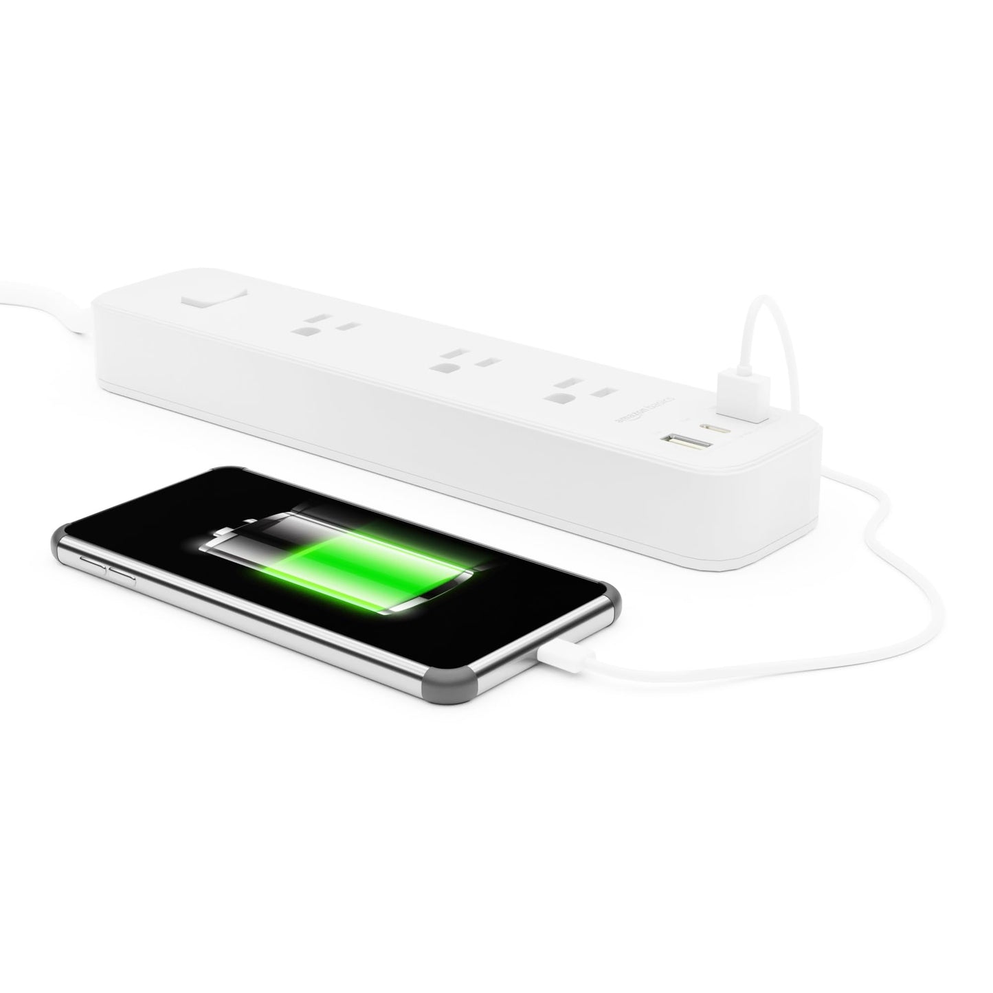Amazon Basics Rectangle Power Strip 3 Outlet 3 USB Ports, 1 USB-C and 2 USB-A, 5 ft Extension Cord, for Home, Office, Travel, White